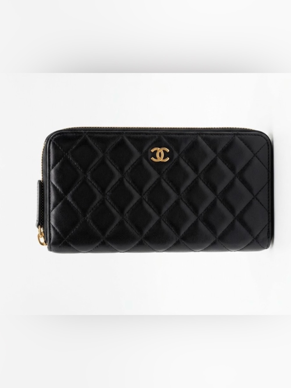 CHANEL Black Quilted Zip Wallet with Gold CC Emblem